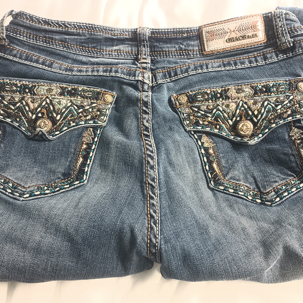 Grace in LA Blue Denim with Gold and Silver Embellishments